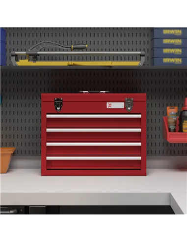 DURHAND Lockable Metal Tool Box, 4 Drawer Tool Chest with Latches, Handle, Ball Bearing Runners, Red