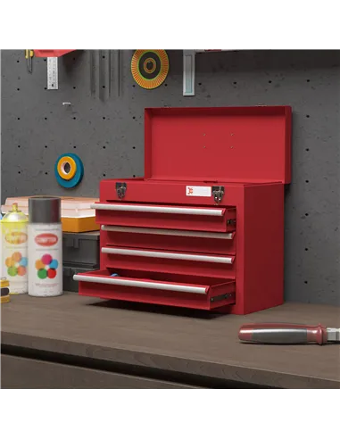DURHAND Lockable Metal Tool Box, 4 Drawer Tool Chest with Latches, Handle, Ball Bearing Runners, Red