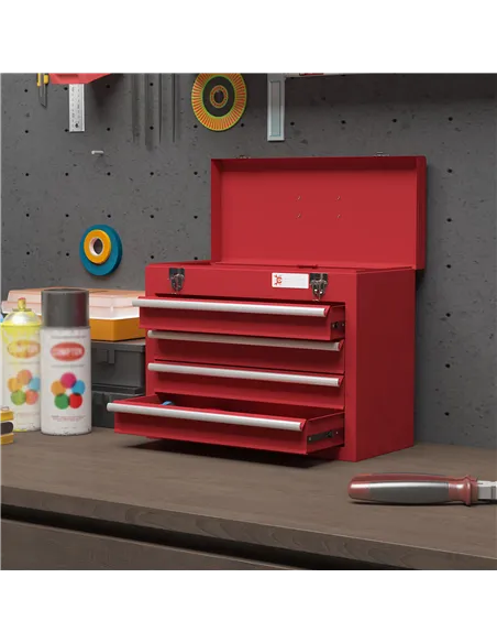 DURHAND Lockable Metal Tool Box, 4 Drawer Tool Chest with Latches, Handle, Ball Bearing Runners, Red