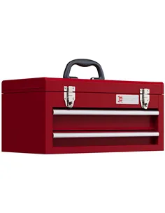 DURHAND Lockable Metal Tool Box, 2 Drawer Tool Chest with Latches, Handle, Ball Bearing Runners, Red