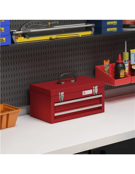 DURHAND Lockable Metal Tool Box, 2 Drawer Tool Chest with Latches, Handle, Ball Bearing Runners, Red
