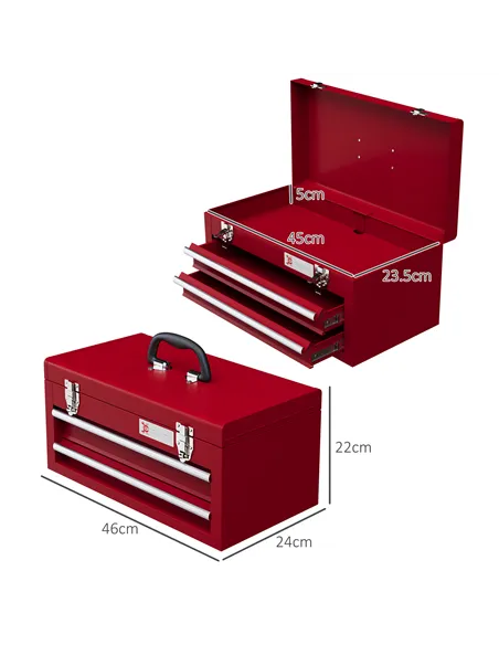 DURHAND Lockable Metal Tool Box, 2 Drawer Tool Chest with Latches, Handle, Ball Bearing Runners, Red