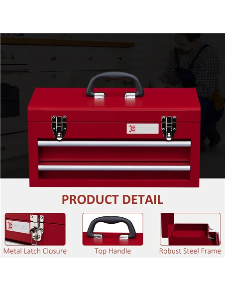 DURHAND Lockable Metal Tool Box, 2 Drawer Tool Chest with Latches, Handle, Ball Bearing Runners, Red