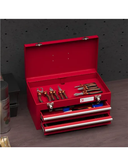 DURHAND Lockable Metal Tool Box, 2 Drawer Tool Chest with Latches, Handle, Ball Bearing Runners, Red