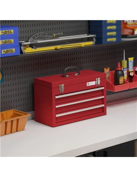 DURHAND Lockable Metal Tool Box, 3 Drawer Tool Chest with Latches, Handle, Ball Bearing Runners, Red