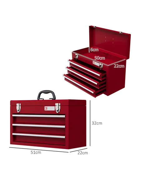 DURHAND Lockable Metal Tool Box, 3 Drawer Tool Chest with Latches, Handle, Ball Bearing Runners, Red
