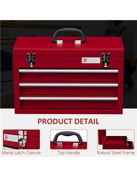 DURHAND Lockable Metal Tool Box, 3 Drawer Tool Chest with Latches, Handle, Ball Bearing Runners, Red
