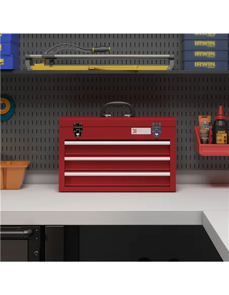 DURHAND Lockable Metal Tool Box, 3 Drawer Tool Chest with Latches, Handle, Ball Bearing Runners, Red