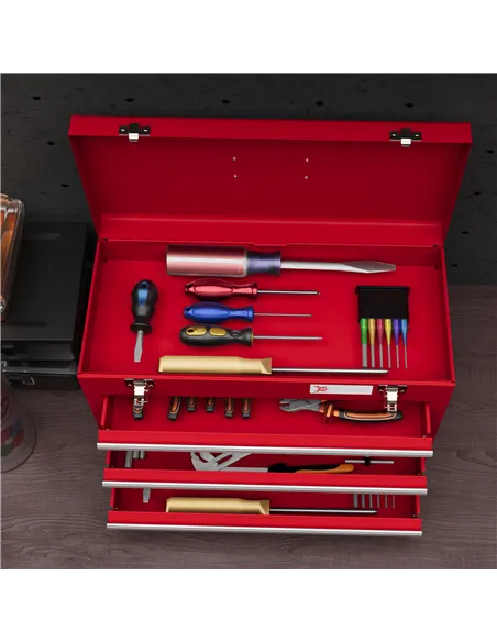 DURHAND Lockable Metal Tool Box, 3 Drawer Tool Chest with Latches, Handle, Ball Bearing Runners, Red