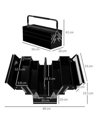 DURHAND 3 Tier Metal Toolbox, 5 Tray Professional Portable Tool Box with Carry Handle for Workshop, 56cmx20cmx34cm, Black