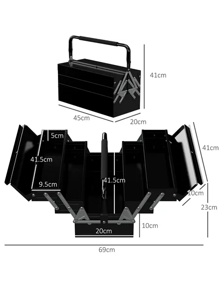 DURHAND 3 Tier Metal Toolbox, 5 Tray Professional Portable Tool Box with Carry Handle for Workshop, 45cmx20cmx34.5cm, Black