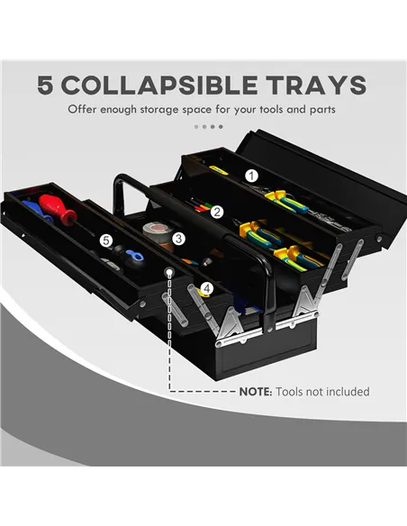 DURHAND 3 Tier Metal Toolbox, 5 Tray Professional Portable Tool Box with Carry Handle for Workshop, 45cmx20cmx34.5cm, Black