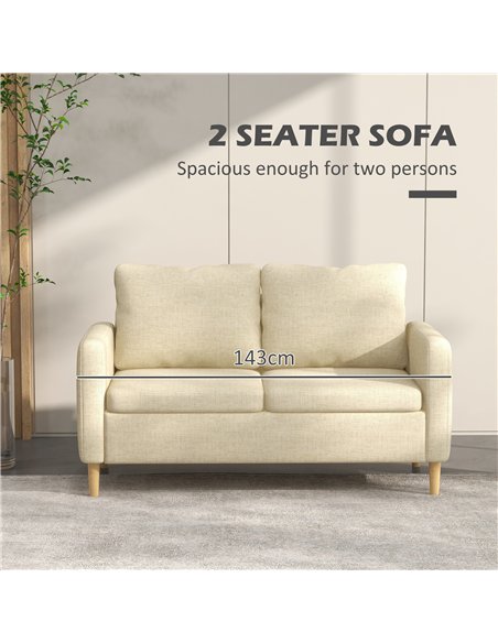 HOMCOM Two Seater Sofa for Living Room, Modern Fabric Couch with Wood Legs and 2 Pockets for Bedroom and Home Office, Beige
