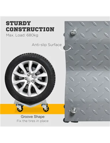 DURHAND Two-Piece Car Wheel Dolly with Swivel Casters, Non-Slip Metal Plates, 680kg Capacity, Grey