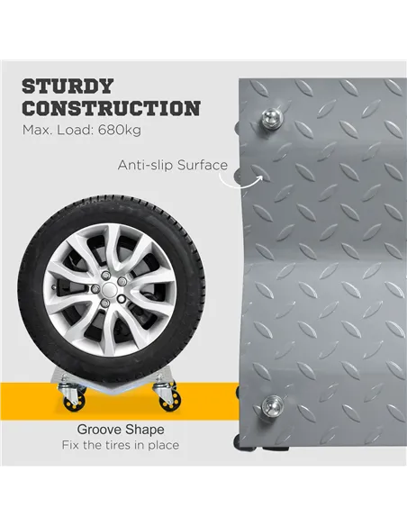 DURHAND Two-Piece Car Wheel Dolly with Swivel Casters, Non-Slip Metal Plates, 680kg Capacity, Grey