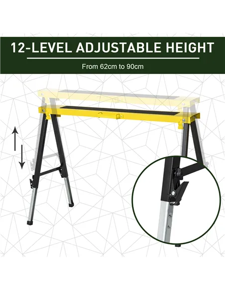 DURHAND 2PCS Saw Horse Twin Pack Folding Workbench Adjustable Metal Trestle Stands with Non-slip EVA Surface for Sawing Work Max