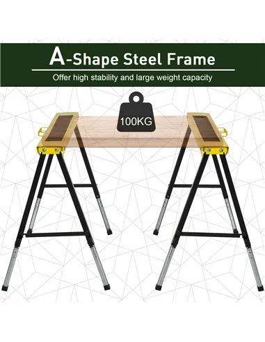 DURHAND 2PCS Saw Horse Twin Pack Folding Workbench Adjustable Metal Trestle Stands with Non-slip EVA Surface for Sawing Work Max