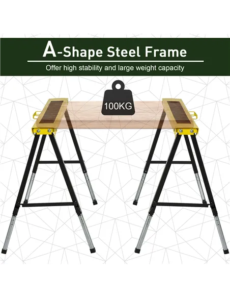 DURHAND 2PCS Saw Horse Twin Pack Folding Workbench Adjustable Metal Trestle Stands with Non-slip EVA Surface for Sawing Work Max