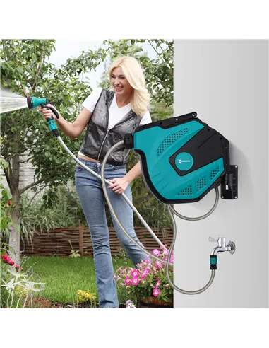 DURHAND 15m Garden Auto Hose Reel Wall Mounted Retractable 7 Patterns Spray Nozzle