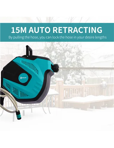 DURHAND 15m Garden Auto Hose Reel Wall Mounted Retractable 7 Patterns Spray Nozzle