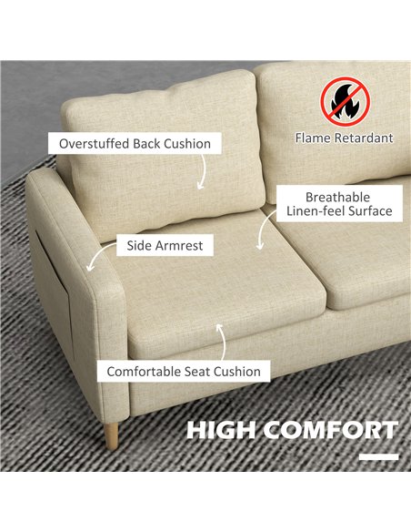 HOMCOM Two Seater Sofa for Living Room, Modern Fabric Couch with Wood Legs and 2 Pockets for Bedroom and Home Office, Beige