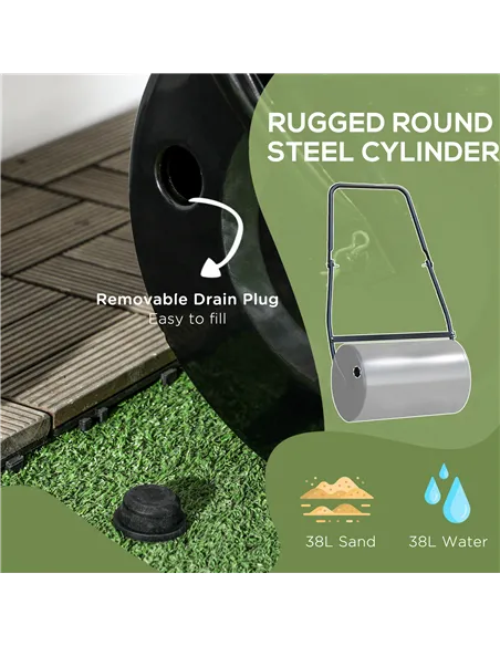 DURHAND 38L Heavy Duty Water or Sand Filled Garden Steel Lawn Roller Drum Φ50cm Black