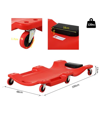 DURHAND Mechanic Vehicle Creeper, Under-Car Rolling Crawler Board, with Headrest, Wheels, Red