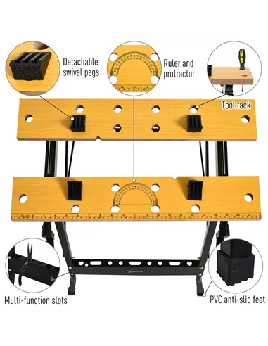 DURHAND 4-in-1 Work Bench, Folding Clamp Table w/ 4 Adjustable Clamping Pegs for DIY Home Garage, Black