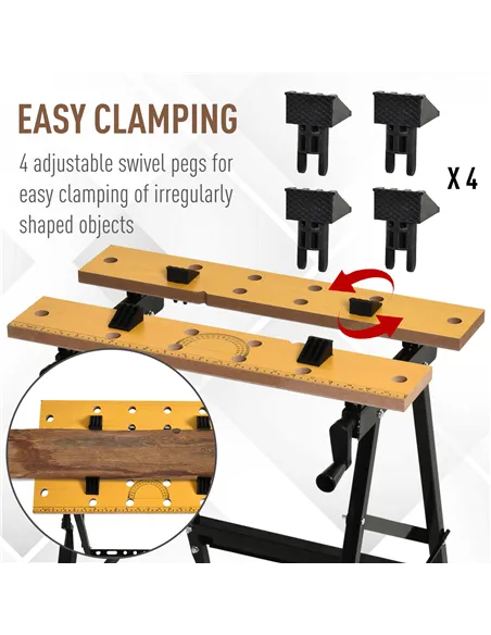 DURHAND 4-in-1 Work Bench, Folding Clamp Table w/ 4 Adjustable Clamping Pegs for DIY Home Garage, Black