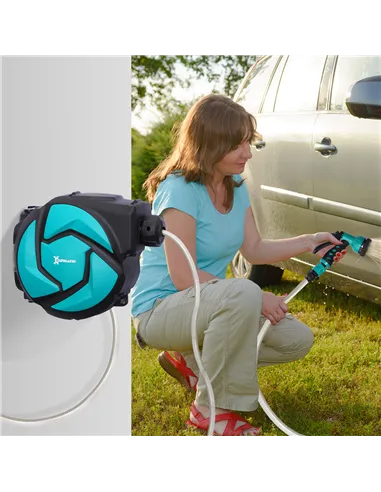 DURHAND 10m Garden Auto Hose Reel Wall Mounted Retractable 7 Patterns Spray Nozzle