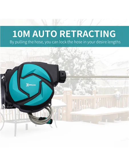 DURHAND 10m Garden Auto Hose Reel Wall Mounted Retractable 7 Patterns Spray Nozzle