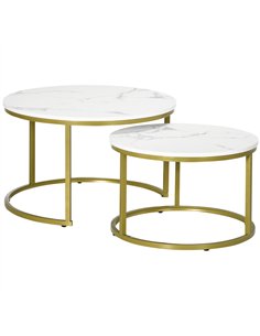 HOMCOM Coffee Table Set of 2, Round Nest of Tables with Faux Marble Tabletop and Metal Frame, Modern Side Tables for Living Room