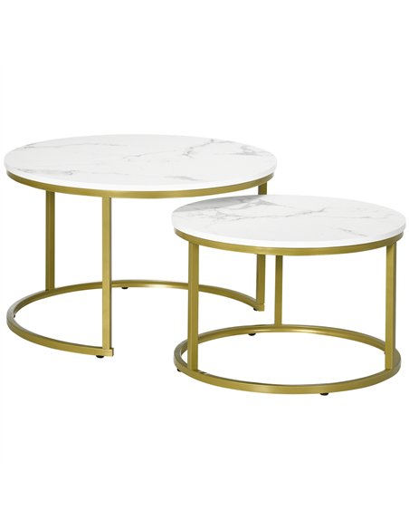 HOMCOM Coffee Table Set of 2, Round Nest of Tables with Faux Marble Tabletop and Metal Frame, Modern Side Tables for Living Room