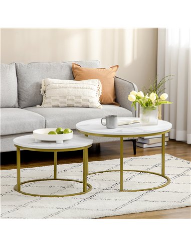 HOMCOM Coffee Table Set of 2, Round Nest of Tables with Faux Marble Tabletop and Metal Frame, Modern Side Tables for Living Room