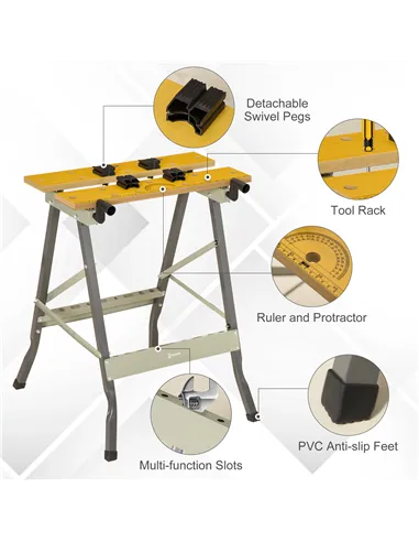 DURHAND 4-in-1 Work Bench, Folding Clamp Table w/ 4 Adjustable Clamping Pegs for DIY Home Garage, Grey