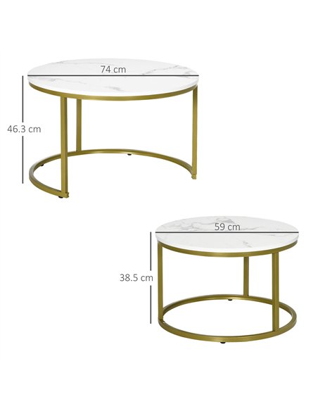 HOMCOM Coffee Table Set of 2, Round Nest of Tables with Faux Marble Tabletop and Metal Frame, Modern Side Tables for Living Room
