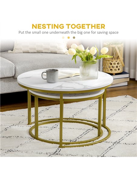 HOMCOM Coffee Table Set of 2, Round Nest of Tables with Faux Marble Tabletop and Metal Frame, Modern Side Tables for Living Room