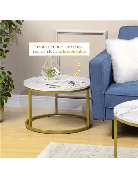 HOMCOM Coffee Table Set of 2, Round Nest of Tables with Faux Marble Tabletop and Metal Frame, Modern Side Tables for Living Room