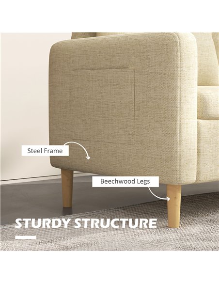 HOMCOM Two Seater Sofa for Living Room, Modern Fabric Couch with Wood Legs and 2 Pockets for Bedroom and Home Office, Beige