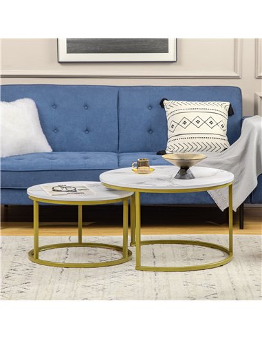 HOMCOM Coffee Table Set of 2, Round Nest of Tables with Faux Marble Tabletop and Metal Frame, Modern Side Tables for Living Room