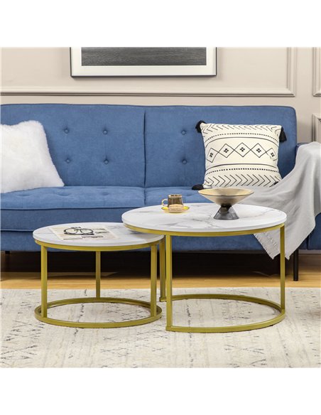 HOMCOM Coffee Table Set of 2, Round Nest of Tables with Faux Marble Tabletop and Metal Frame, Modern Side Tables for Living Room