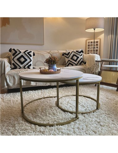 HOMCOM Coffee Table Set of 2, Round Nest of Tables with Faux Marble Tabletop and Metal Frame, Modern Side Tables for Living Room