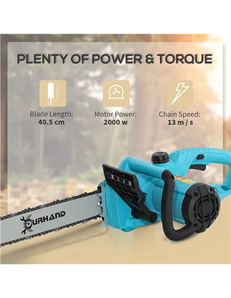 DURHAND 2000W Powerful Electric Chainsaw, 16" Aluminium Blade Portable Corded Chain Saw, 7250rpm Chain Saw for Garden Tree Pruni
