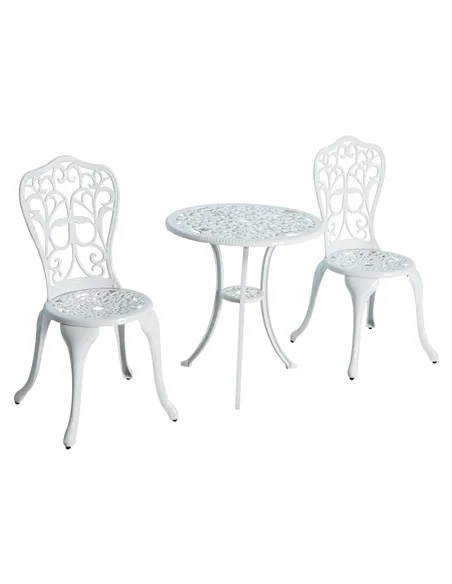 Outsunny 3 Pieces Antique Garden Bistro Set for 2, Cast Aluminium Garden Furniture Set with Umbrella Hole, White
