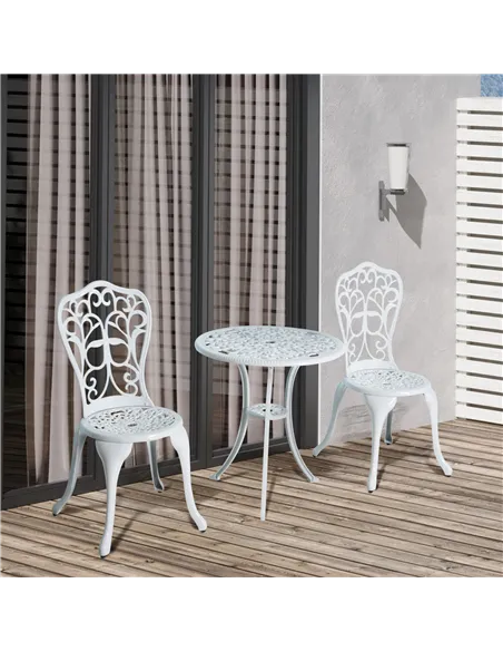 Outsunny 3 Pieces Antique Garden Bistro Set for 2, Cast Aluminium Garden Furniture Set with Umbrella Hole, White