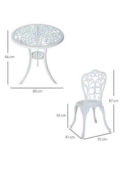Outsunny 3 Pieces Antique Garden Bistro Set for 2, Cast Aluminium Garden Furniture Set with Umbrella Hole, White