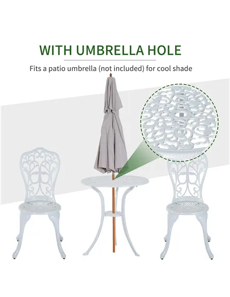 Outsunny 3 Pieces Antique Garden Bistro Set for 2, Cast Aluminium Garden Furniture Set with Umbrella Hole, White