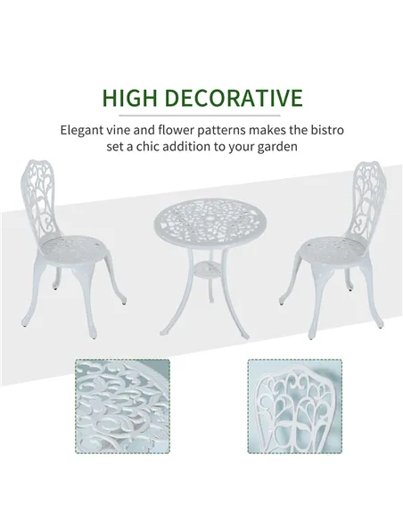 Outsunny 3 Pieces Antique Garden Bistro Set for 2, Cast Aluminium Garden Furniture Set with Umbrella Hole, White