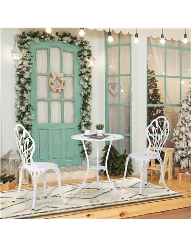 Outsunny 3 Piece Patio Bistro Set for 2, Outdoor Aluminium Garden Table and Chairs with Umbrella Hole for Balcony, White