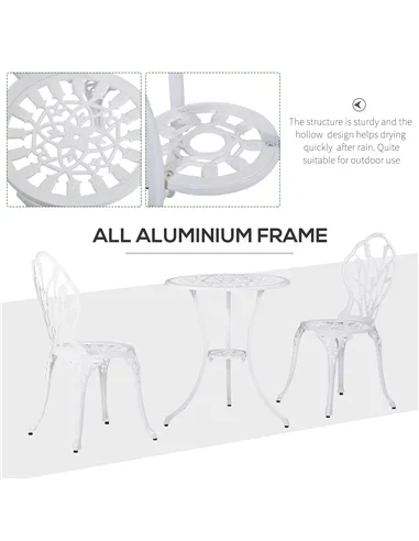 Outsunny 3 Piece Patio Bistro Set for 2, Outdoor Aluminium Garden Table and Chairs with Umbrella Hole for Balcony, White